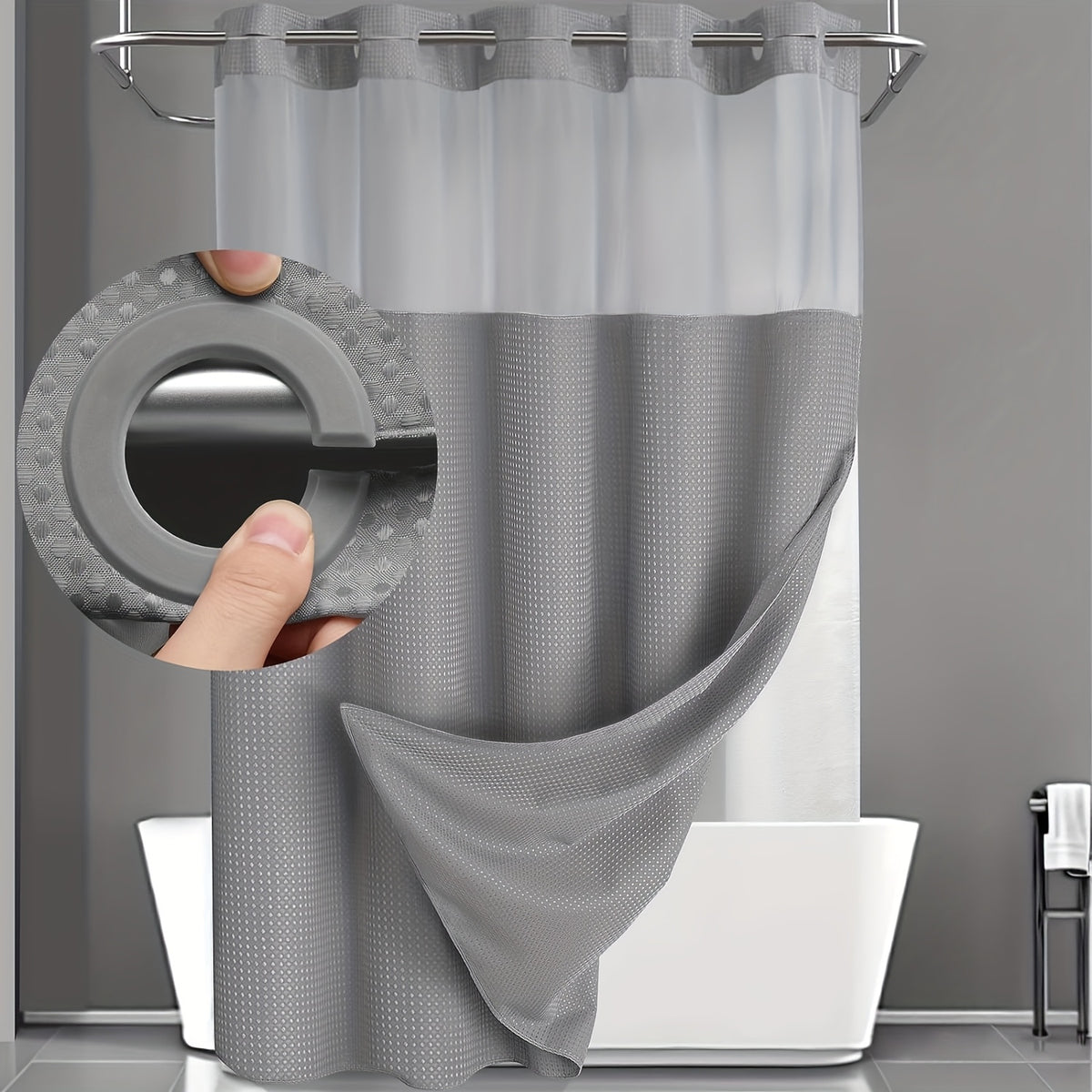 Hookless Shower Curtain Waffle Pattern with Snap-On Liner - Luxury Hotel Style Bathroom Decor, No Hooks Needed, Cloud White Dark Night Deep Gray, Holiday Housewarming Gift