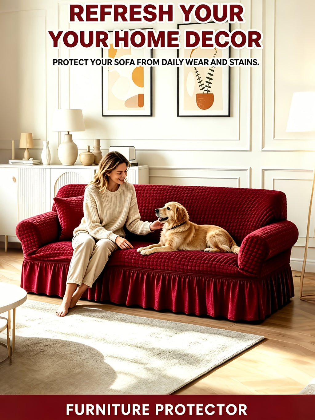 Seersucker Sofa Cover All-In-One Stretch Slipcover – Elastic Band Polyester Spandex Machine Washable Couch Protector for Armchair Loveseat 1 2 3 4 Seater Solid Color
