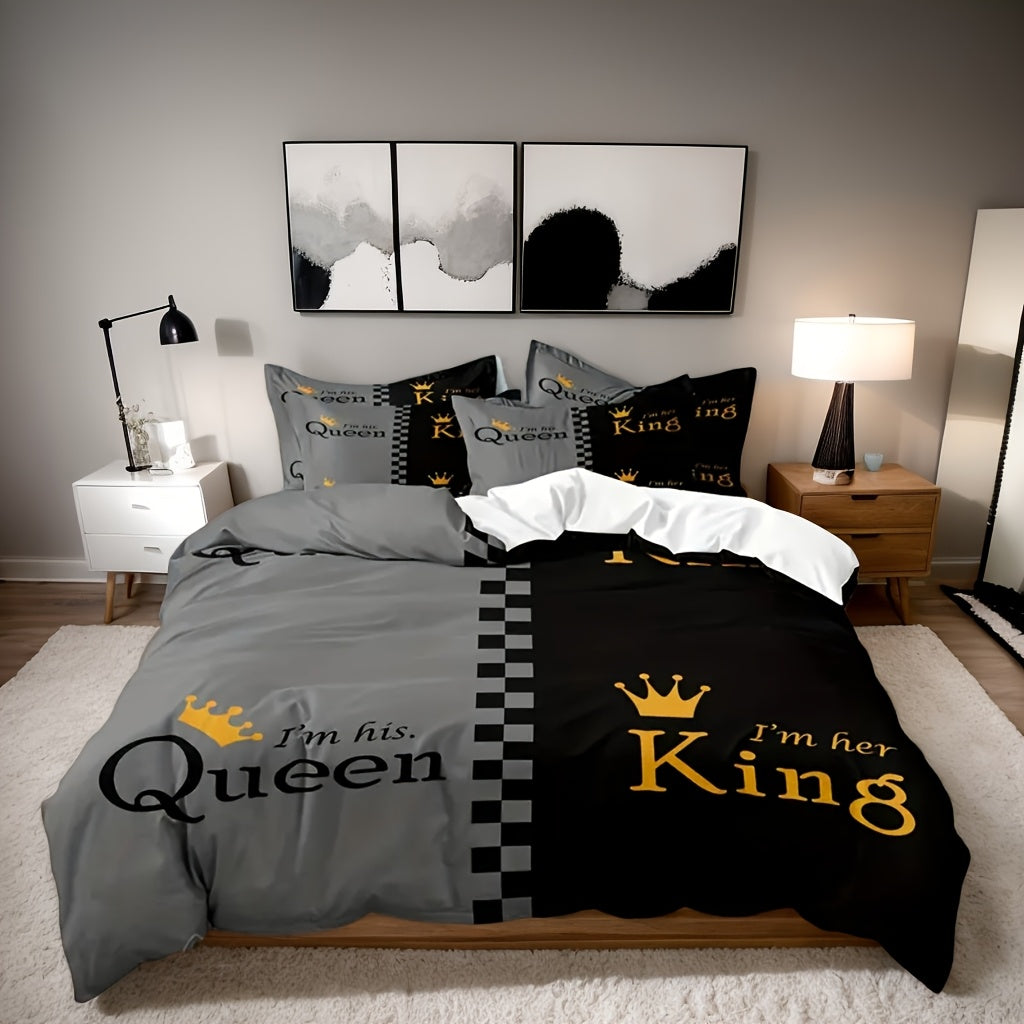 Valentine's Day Duvet Cover Set 3pcs – Crown Queen & King Print Soft Breathable Polyester Bedding, Machine Washable, Includes Duvet Cover & 2 Pillow Covers, Romantic Gift for Couples