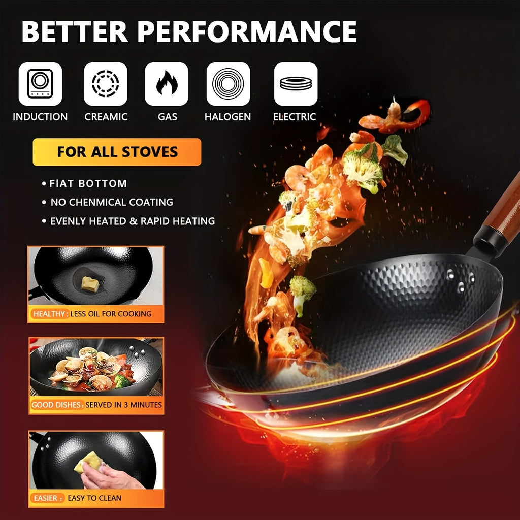 Cast Iron Wok Pan Set 14 Piece 12.6 Inch Flat Bottom with Lid & Accessories for All Stoves – Complete Asian Cookware Set for Stir Frying Camping & Family Cooking