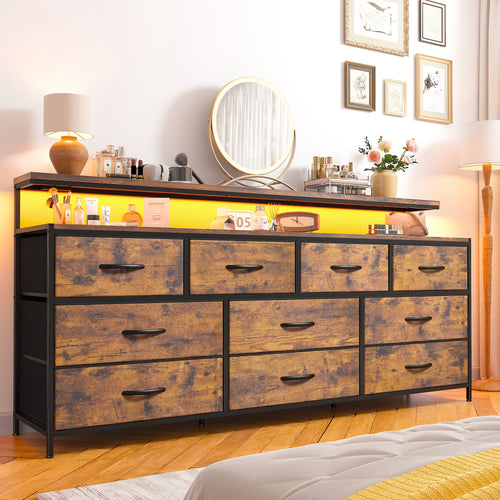 55" Wide Dresser for Bedroom with 10 Drawers, LED Lights & Power Outlets – Long Storage Chest, TV Stand up to 65", Metal Frame + Wood Top, Built-in Charging Station, Tiger Print / Black Wood Grain