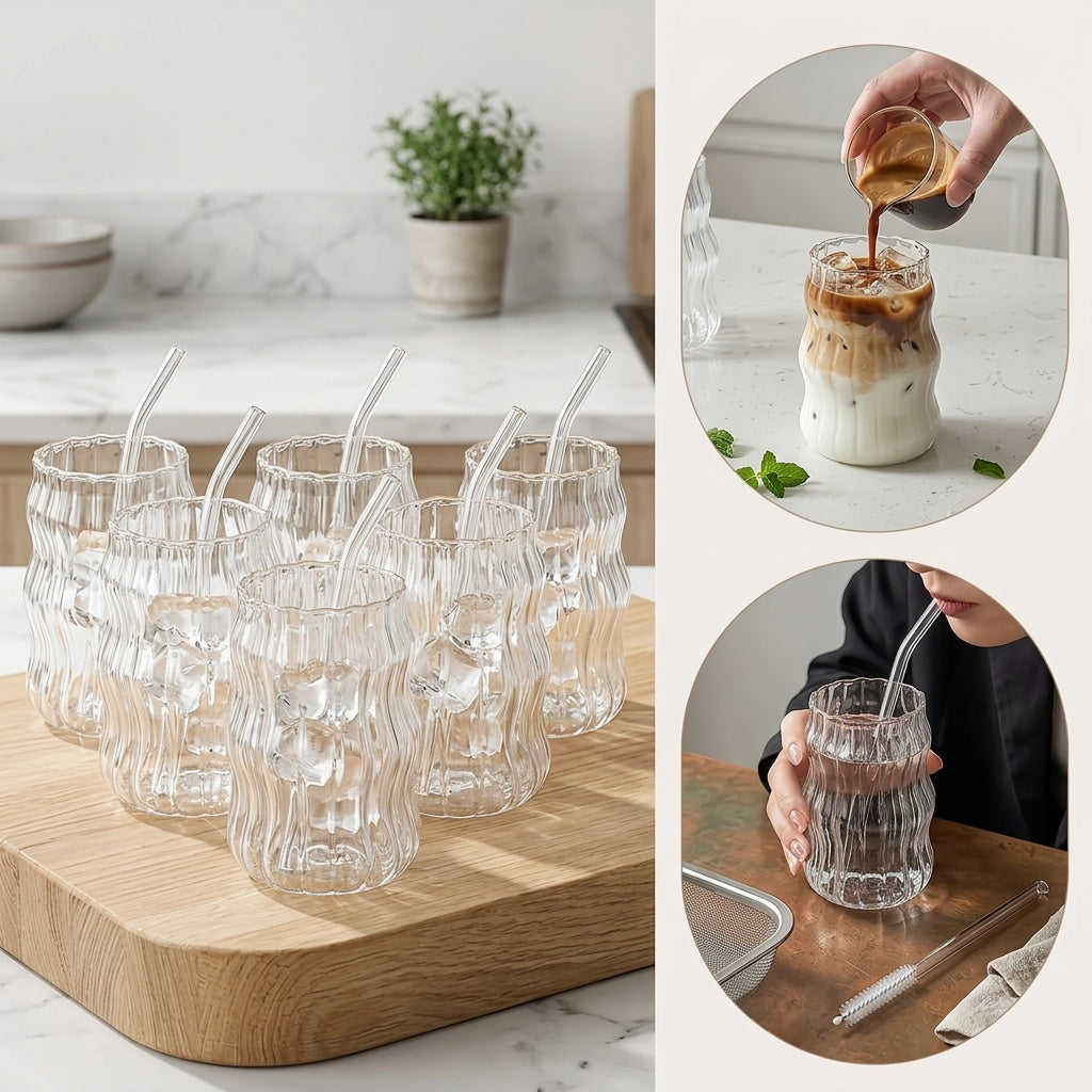 Glass Coffee Mugs with Straw Set of 6 - Retro Stripe Design Clear Glass Cups for Iced Coffee, Tea & Cold Drinks, Minimalist Office & Home Drinkware, Includes Straw Cleaning Brush