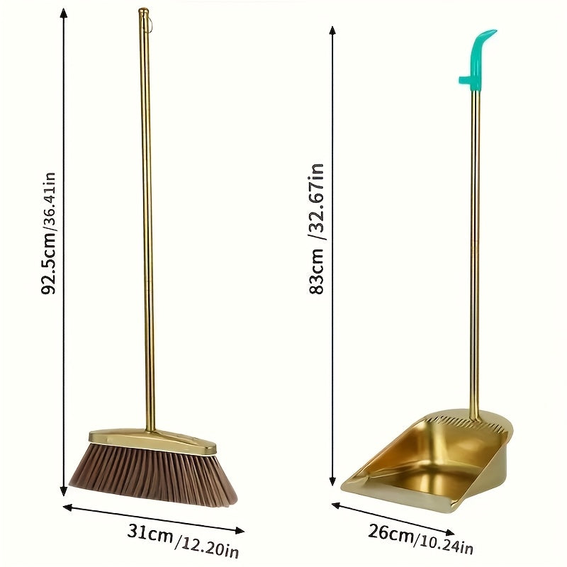 Premium Golden Stainless Steel Broom with Microfiber Bristles & 15° Angled V-Edge Dustpan – Floor-Safe, Hair-Trapping, Rubberized Bumper for Indoor & Outdoor Sweeping | Broom Only or Set