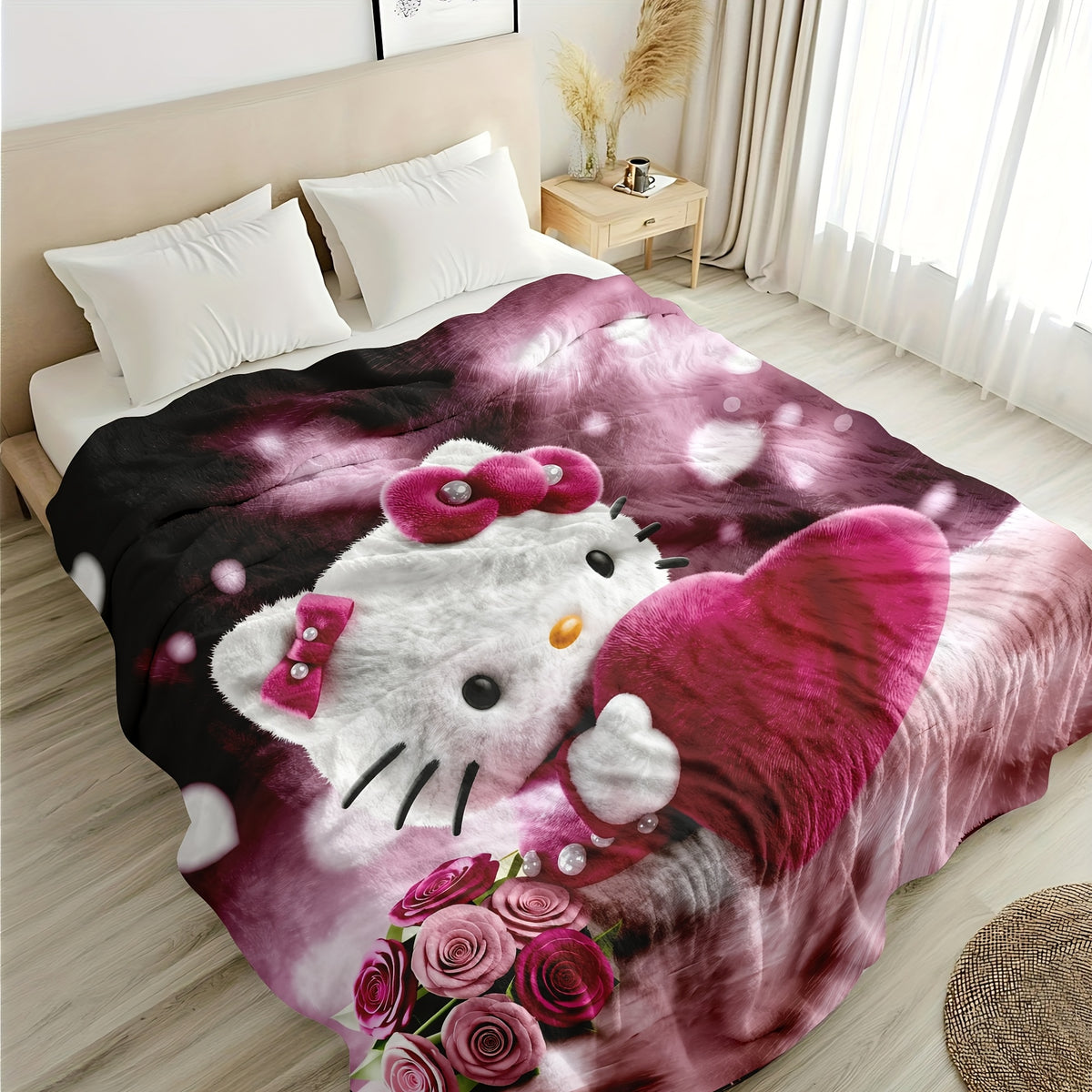 Pink Romantic Cartoon Anime Flannel Throw Blanket – Ultra-Soft Fully Printed Plush Blanket for Sofa, Bed & Travel | Valentine’s Day, Christmas & Holiday Gift | 40×50 / 50×60 / 60×80in