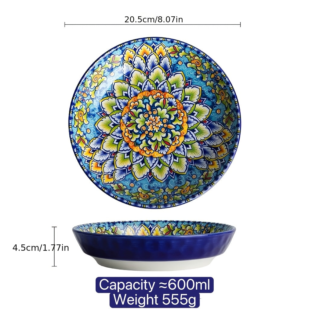 Bohemian Ceramic Dinner Plates Set of 4 – Handcrafted Boho Floral & Mandala Design, Vibrant Colors, Dishwasher Oven Microwave Safe, Perfect for Holidays & Family Gatherings