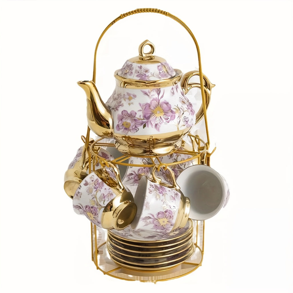 20-Piece Floral Porcelain Tea Set with Metal Holder & Teapot - European Ceramic Espresso Cup and Saucer Set, 3.3oz Cups 15oz Teapot, Afternoon Tea Gift for Golden Pink Purple Flower