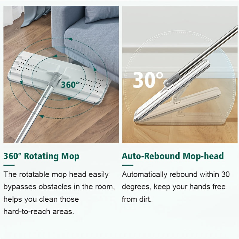 Hands-Free Flat Mop with Bucket 8-Piece Set Including 6 Microfiber Pads and Gloves, 360 Rotating Dry Wet Floor Mop for Bedroom Kitchen Bathroom, Household Cleaning Mop with Bucket Scraper and Wringer