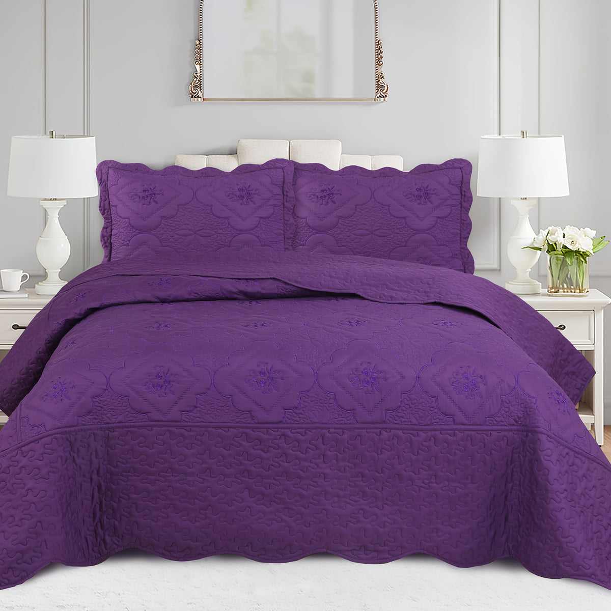 Quilted Embroidered Bedspread Set 3 Pcs – Floral Embroidery, 100% Polyester, Wrinkle-Resistant Lightweight Coverlet for Queen & King Bedroom Decor, 16 Colors
