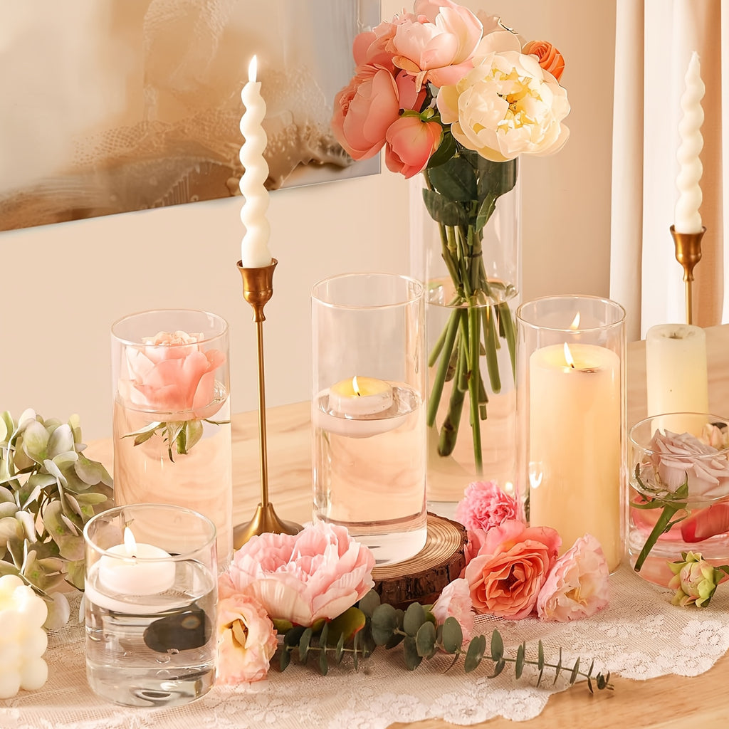 Glass Cylinder Vases Set 12 24pcs 4 Sizes 4 6.8 9 12 Inch Clear Tall Vase & Candle Holder for Wedding Centerpieces, Home Decor Party Table, DIY Candle Making, Flower Arrangements