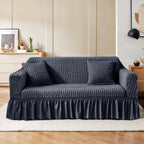 Velvet Jacquard Sofa Cover Ruffle Detail – Non-Slip Dustproof Soft Breathable Slipcover, Machine Washable All-Season, Polyester Spandex, 1/2/3/4 Seater, Grey