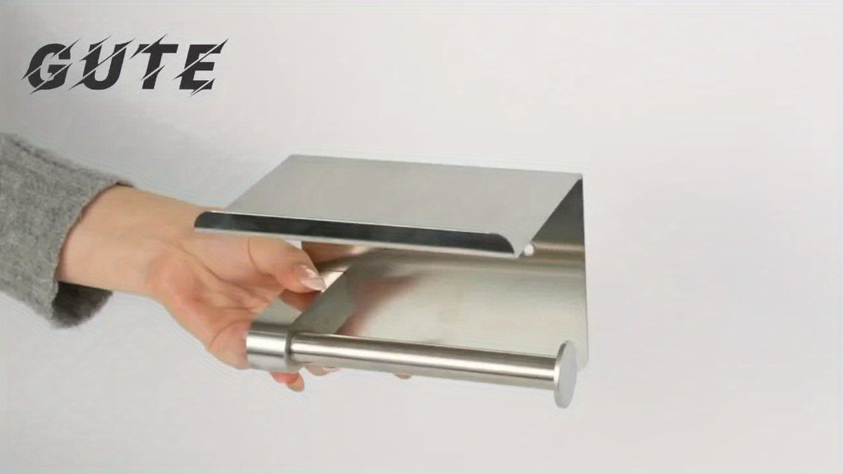 Self-Adhesive Toilet Paper Holder with Phone Stand - No-Drill Stainless Steel Wall Mount Bathroom Tissue Roll Holder with Shelf, Polished Finish Bathroom Accessories