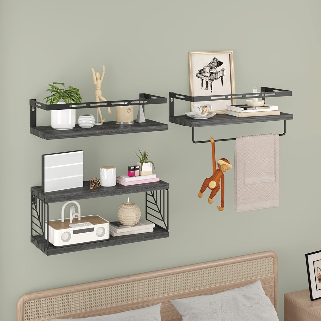 Wall Mounted Shelf 3+1 Tier with Black Metal Guardrails and Storage Baskets Space Saving Floating Shelves for Kitchen Bathroom Bedroom Living Room Home Decor