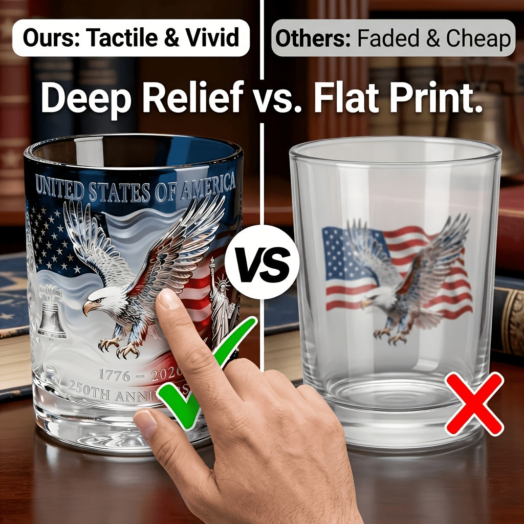 Patriotic Engraved Drinking Glass – USA 250th Anniversary Commemorative Edition, Deep Etched Relief Borosilicate Glass with HD Surround Print, Gift for Veterans & Men