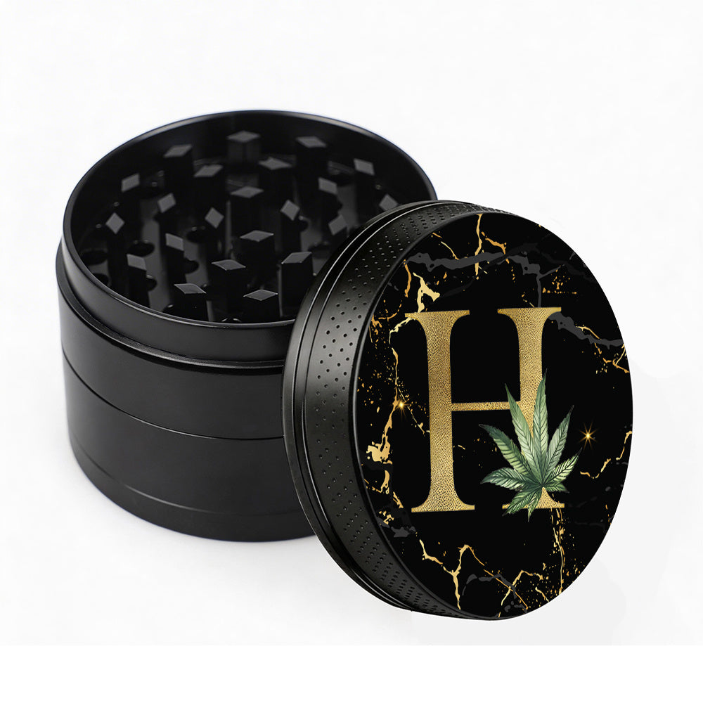 Manual Spice & Herb Grinder with Pollen Catcher - Personalized A-Z Initial Letter Metal Crusher, Portable 2 Inch Golden Marble Alphabet Design, Gift for Smokers & Herb Lovers (Black)