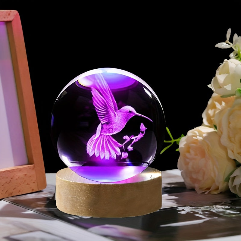 3D Hummingbird Crystal Ball Night Light Colorful LED Wooden Base Laser Engraved Hummingbird Statue Home Office Decor Holiday Gift for Teens Friends