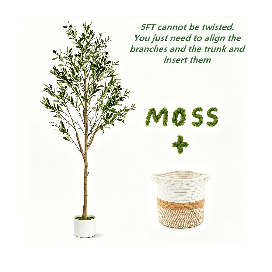 Artificial Olive Tree with Basket, Planter & Moss 5ft 6ft 7ft – Tall Indoor Fake Olive Plant with Realistic Wood Trunk, Lifelike Branches & Fruits for Office, Living Room & Spring Summer Home Decor