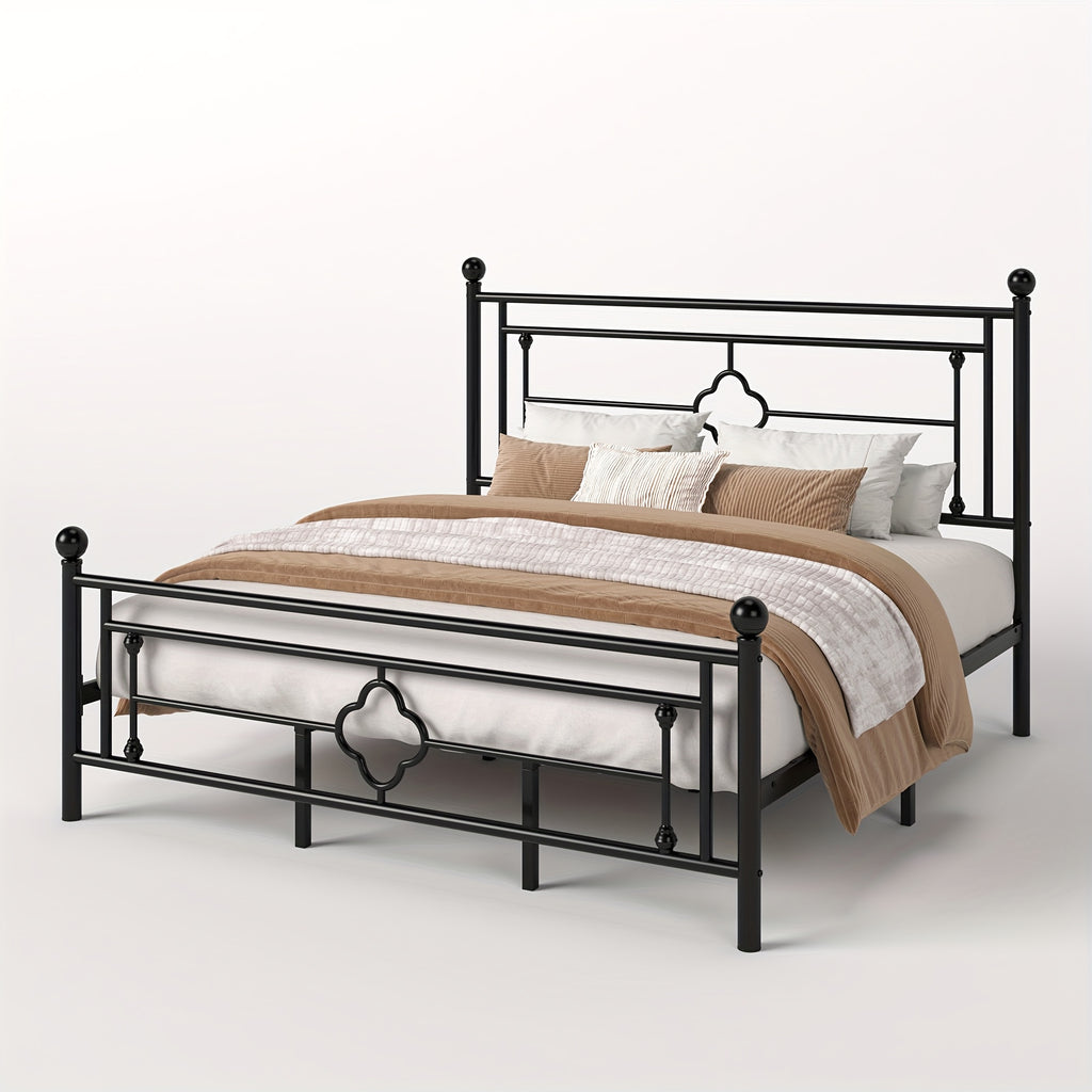 Metal Platform Bed Frame with Vintage Iron Art Headboard Footboard No Box Spring Needed Under Bed Storage Twin Full Queen King Black White Pink Gold