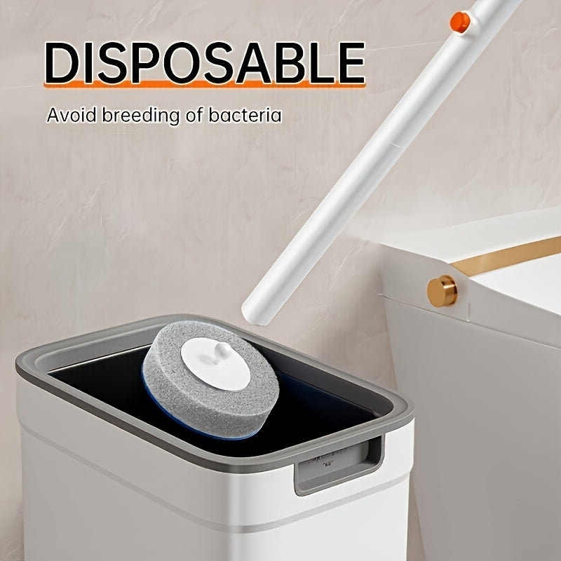 Disposable Toilet Brush Holder Wall Mounted with 6 Refill Heads & Scrubbing Solution – No-Touch Bathroom Cleaning Wand Set, White