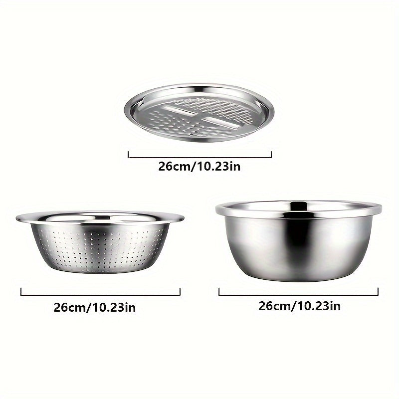 Stainless Steel Kitchen Prep Set with Grinder, Colander & Mixing Bowl – 3-Piece Food Prep Tool for Slicing Fruits Vegetables Cheese, Drainage Bowl Father's Day Gift