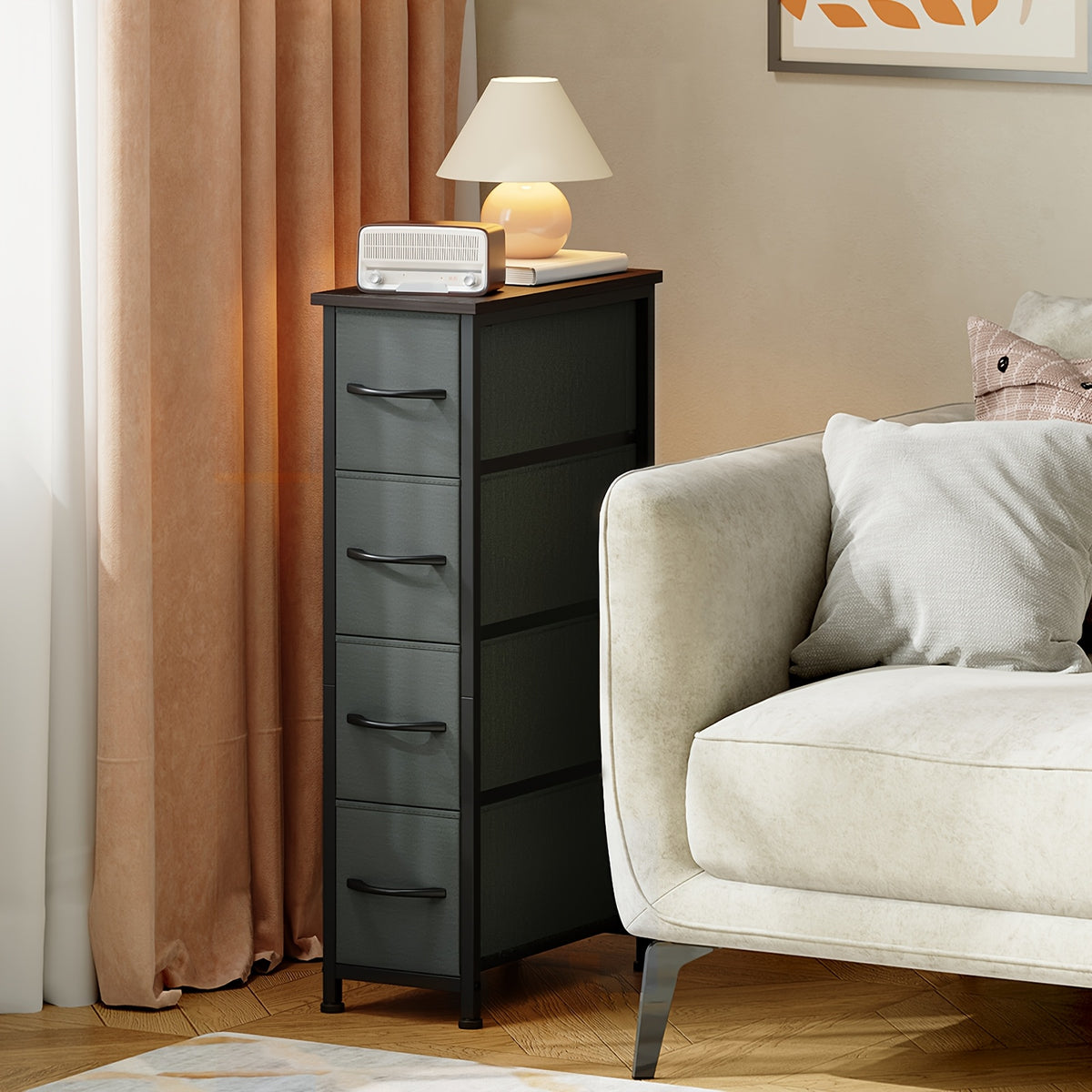 Narrow Dresser with 4 Drawers – Slim Storage Organizer Chest with Removable Fabric Drawers for Bedroom, Bathroom, Closet & Laundry