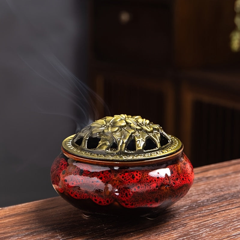 Ceramic Incense Holder Set 4pcs Large Kiln-Fired with Vintage Brass Lid & Fireproof Mat – Stick, Cone & Coil Incense Burner for Home Meditation, Zen Decor & Aromatherapy