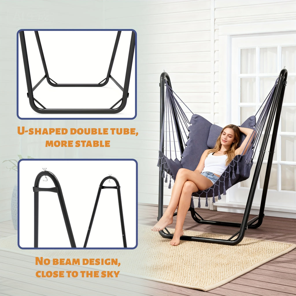U-Shaped Hammock Chair Stand Double Tube Steel 350 lbs Capacity Rust-Resistant Powder Coat Indoor Outdoor Hanging Lounge Chair with Side Pocket Free Grey Swing