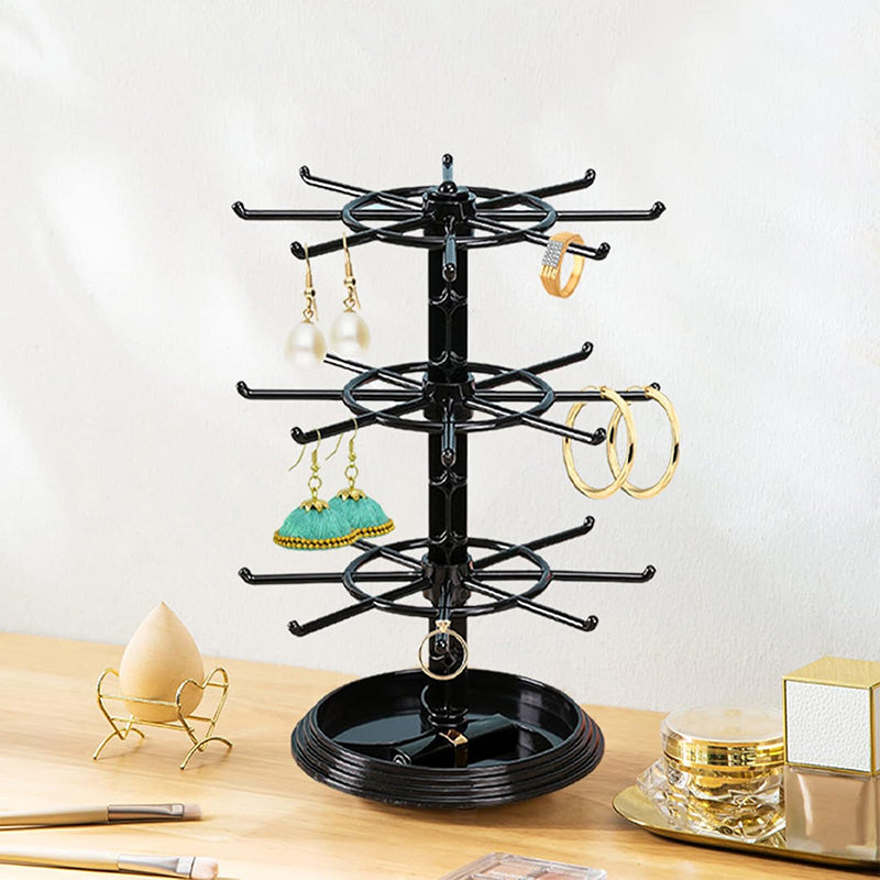 Rotating Jewelry Stand 2-Tier Black Plastic Necklace Bracelet Earring Keychain Hanging Organizer Display Rack for Dressing Table Counter – 360° Spinning Tabletop Jewelry Tower Holder