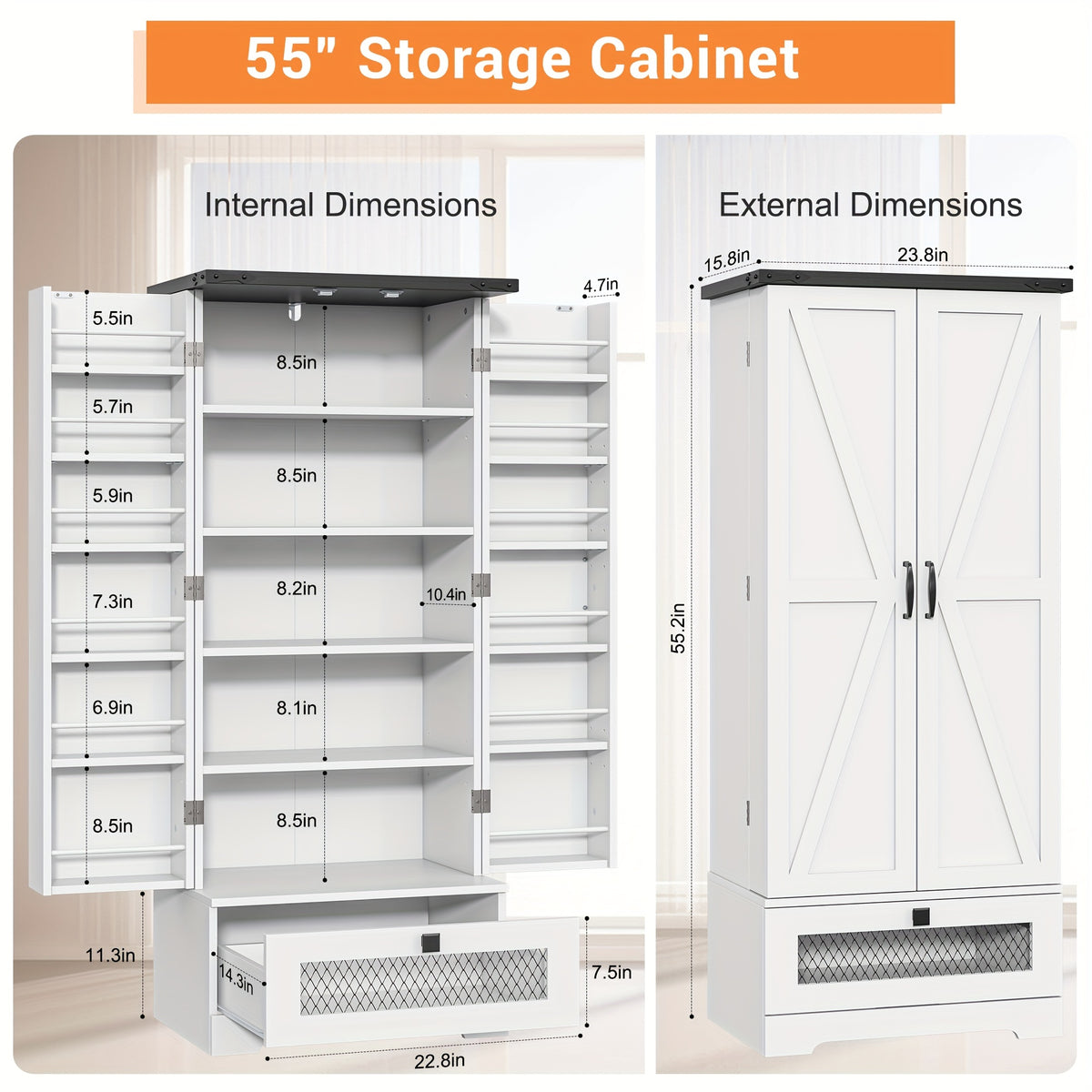 55 Inch Pantry Cabinet Kitchen Storage Cabinet with Adjustable Shelves and Drawer Wooden Buffet Cupboard for Kitchen Living Room Bathroom Dining Room Black White Brown