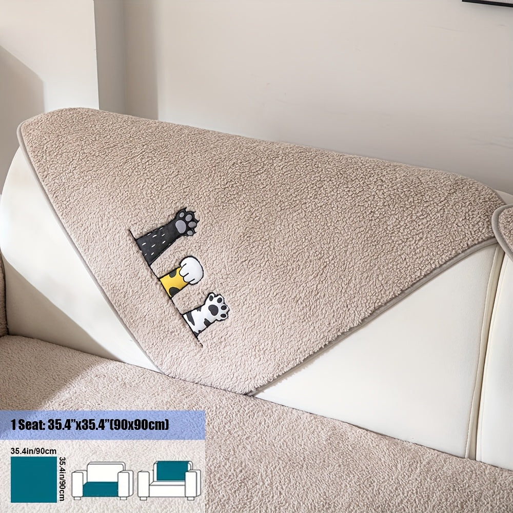 Sherpa Sofa Cover with Cat Paw Embroidery – Thick Plush Non-Slip Couch Slipcover, Pet-Friendly & Machine Washable Furniture Protector