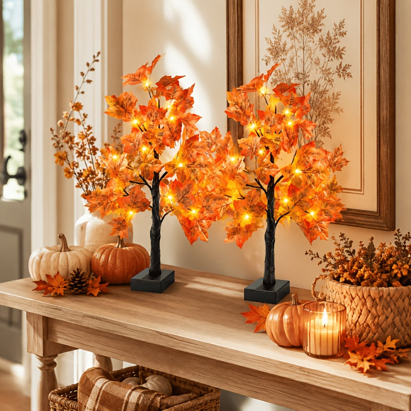 Fall Maple Leaf Tree Table Lamps 2-Pack 21 Inch Battery Powered 24 LED Warm Light Artificial Autumn Tree Lights for Thanksgiving Halloween Indoor Home Decor