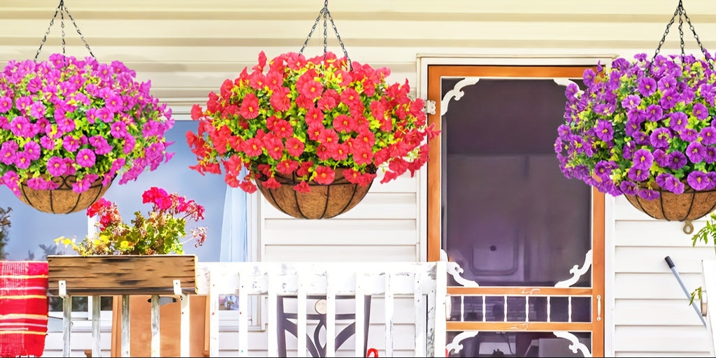 UV-Resistant Artificial Hanging Flowers with Container – Fake Petunia Hanging Plants in 6 Colors, Realistic Faux Blooms for Outdoor Garden, Patio, Porch, Balcony Railing, Wedding & Mother’s Day Decor