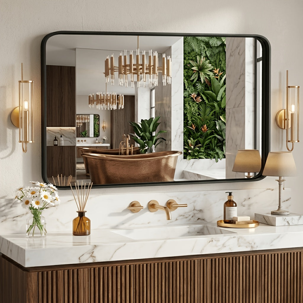 Metal Framed Rounded Rectangle Wall Mirror for Bathroom – Over Sink, Horizontal or Vertical Hanging, Modern Farmhouse Decor, Matte Black, Gold & Silver, Multiple Sizes 16x20 to 36x48 In
