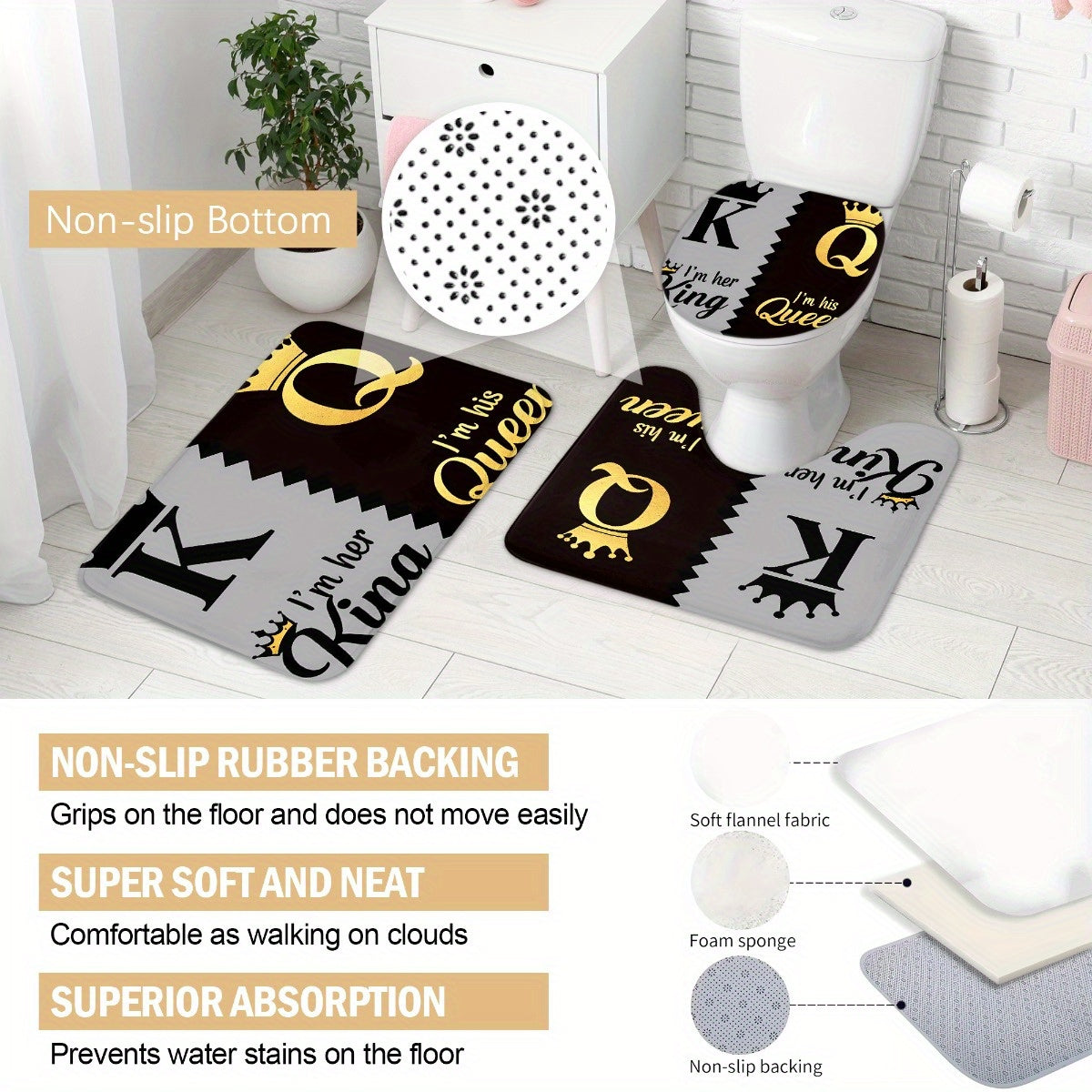 King Queen Shower Curtain Set 4pcs – Bathroom Curtain with 12 Hooks, Non-Slip Rug, Toilet U-Shape Mat & Lid Cover, Modern Bathroom Accessories