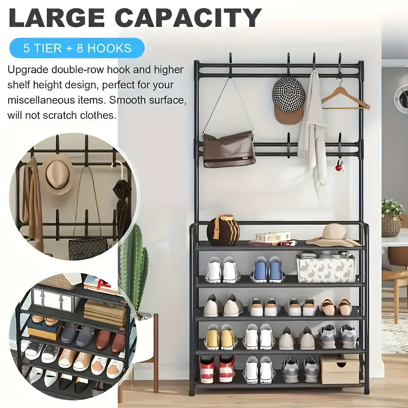 5-Tier Metal Coat Rack with 10 Double Hooks and Shoe Rack – Freestanding Entryway Hall Tree, Space-Saving Clothes Hanger Stand for Hallway, Living Room, Bedroom, Bathroom | Black