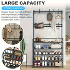 5-Tier Metal Coat Rack with 10 Double Hooks and Shoe Rack – Freestanding Entryway Hall Tree, Space-Saving Clothes Hanger Stand for Hallway, Living Room, Bedroom, Bathroom | Black