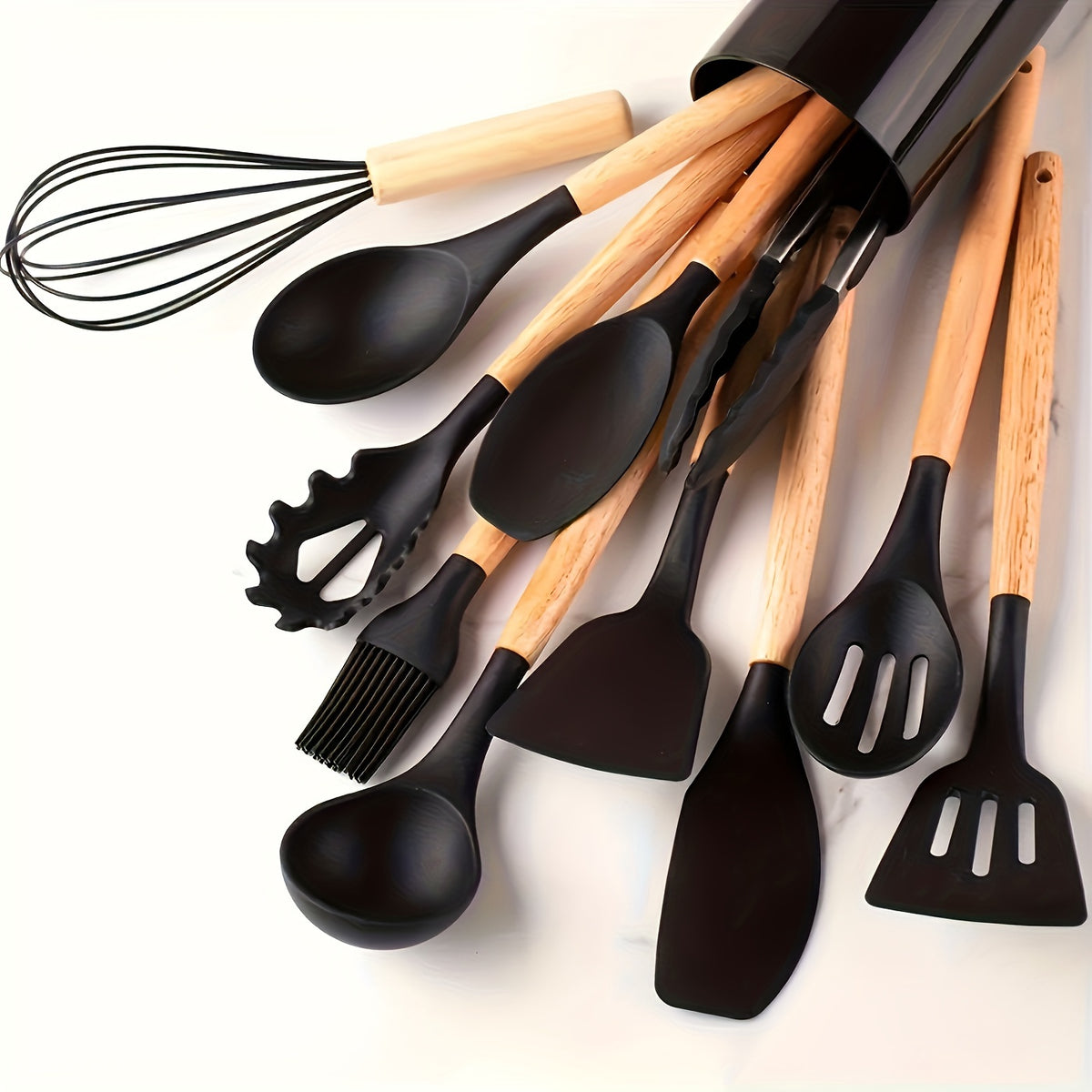 Silicone Kitchen Utensil Set 12 Piece with Wooden Handles - Non-Stick Heat Resistant Cooking Tools for Home, Dorm & Baking, Colorful Kitchen Gadgets Gift Set