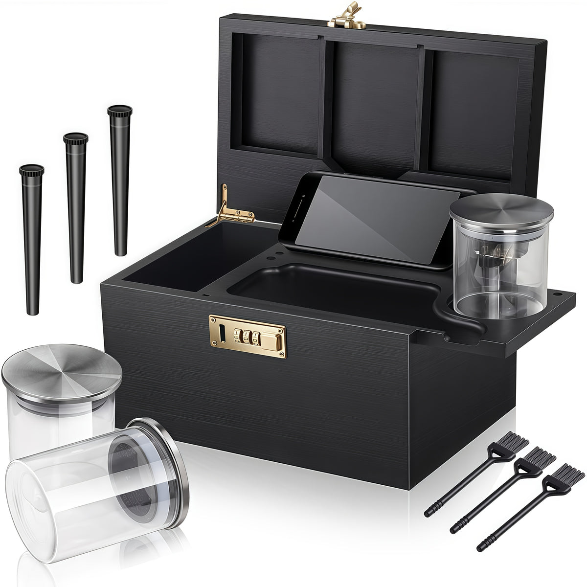 Bamboo Storage Box with Combination Lock Large Smell-Proof Wooden Box Kit with Sliding Tray, Removable Compartments, 3 Glass Jars, Brushes & Tubes – Elegant Desktop Organizer Gift Set for Home Office