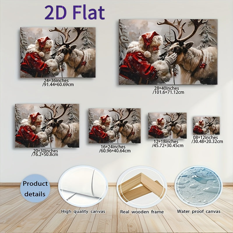 Santa Claus Petting Reindeer Framed Canvas Wall Art, Festive Pine Tree Scene 12x18in Solid Wood Frame – Bohemian Style Christmas & Holiday Home Decor for Living Room, Bedroom & Home Office