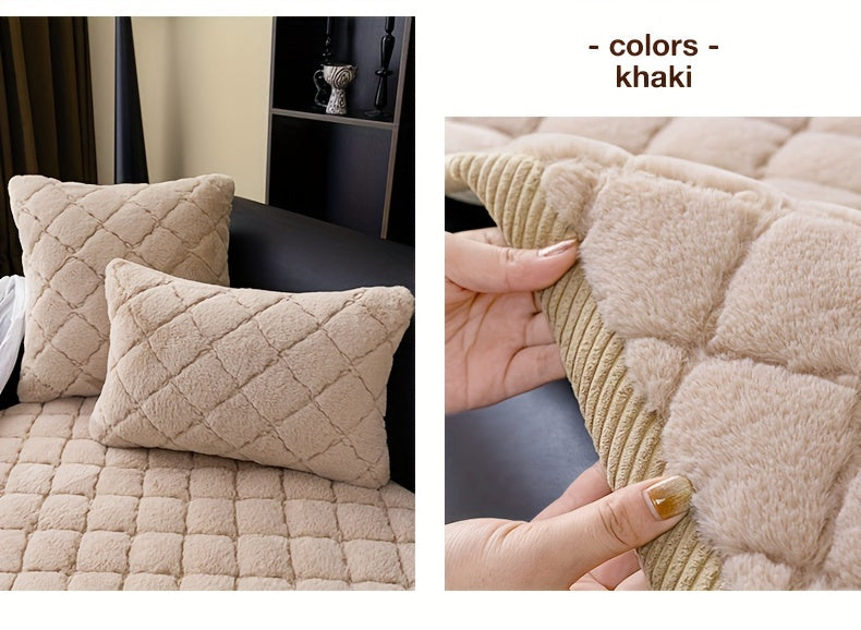 Thickened Faux Rabbit Fur Sofa Cover or Cushion Cover 2-in-1 Non-Slip Machine Washable Pet-Friendly Warm Plush Seat Pad for Bedroom Office Living Room Home Decor