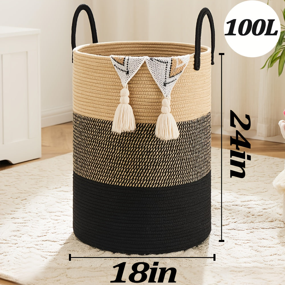 Collapsible Woven Rope Laundry Basket & Hamper - 4 Sizes (12-26 Gal), Cotton Rope Storage Basket for Dirty Clothes, Blankets & Toys, Boho Bathroom Nursery & Living Room Decor