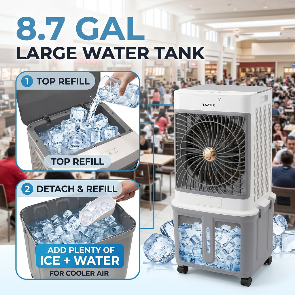 2200 CFM Portable Evaporative Air Cooler – Top-Fill Swamp Cooler with 8.7 Gal Tank, 120° Swing, 3 Speeds, 1/2/4H Timer, 35dB Quiet & 4 Ice Packs | Bedroom, Office, Patio, Kitchen