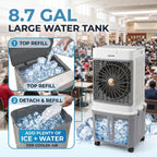2200 CFM Portable Evaporative Air Cooler – Top-Fill Swamp Cooler with 8.7 Gal Tank, 120° Swing, 3 Speeds, 1/2/4H Timer, 35dB Quiet & 4 Ice Packs | Bedroom, Office, Patio, Kitchen