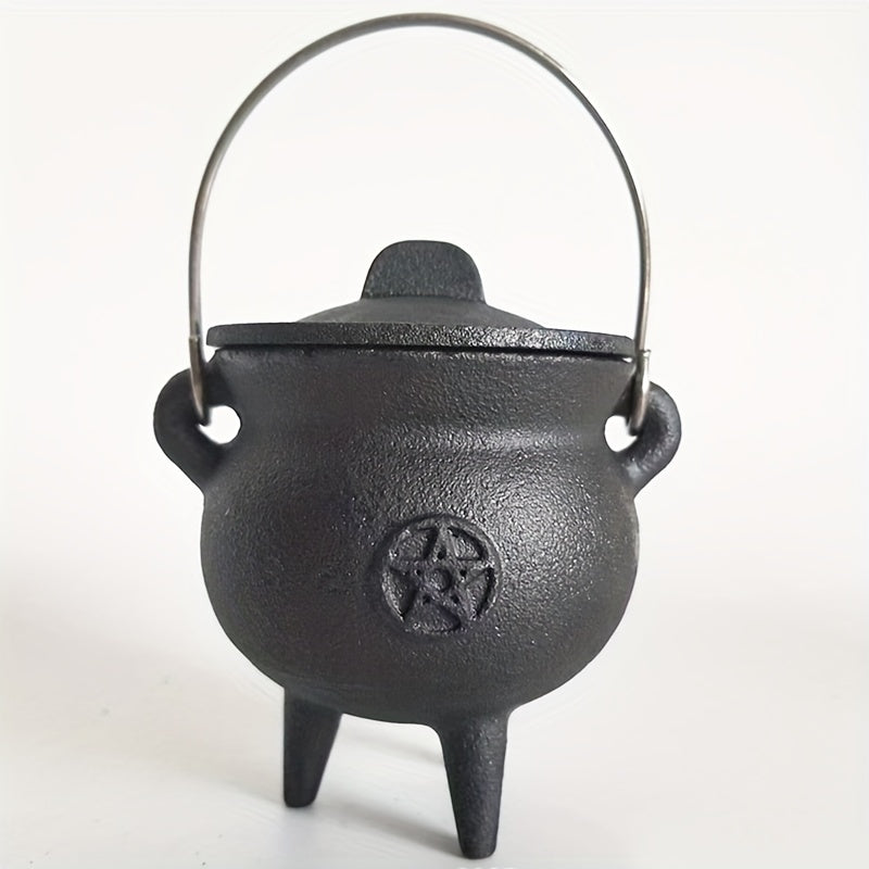 Cast Iron Cauldron with Lid & Carry Handle – Pentagram & Triple Moon Witchcraft Cauldron for Incense Burning, Candles, Spells, Halloween Decoration & Ritual Supplies