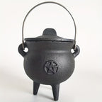 Cast Iron Cauldron with Lid & Carry Handle – Pentagram & Triple Moon Witchcraft Cauldron for Incense Burning, Candles, Spells, Halloween Decoration & Ritual Supplies