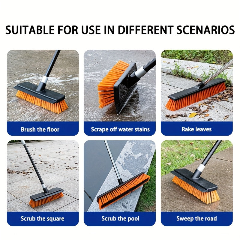 Heavy Duty Outdoor Floor Scrub Brush 10.24" Dual-Purpose with Water Scraper & Stiff Bristles – Hard Broom for Patio, Deck, Driveway & Concrete Cleaning, Home & Commercial Use