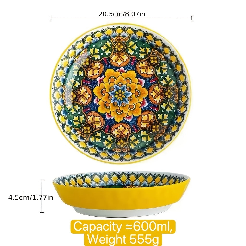Bohemian Ceramic Dinner Plates Set of 4 – Handcrafted Boho Floral & Mandala Design, Vibrant Colors, Dishwasher Oven Microwave Safe, Perfect for Holidays & Family Gatherings