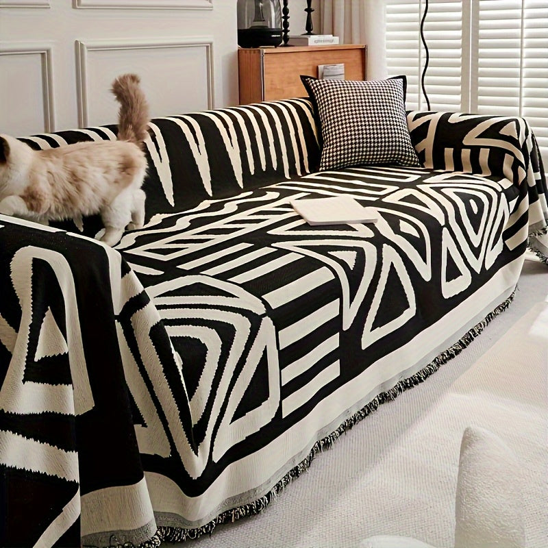 Bohemian Sofa Cover Pet Scratch Resistant Non-Slip Furniture Protector Throw Blanket for Living Room Bedroom – All Season Couch Cover in Black & Gray, 4 Sizes