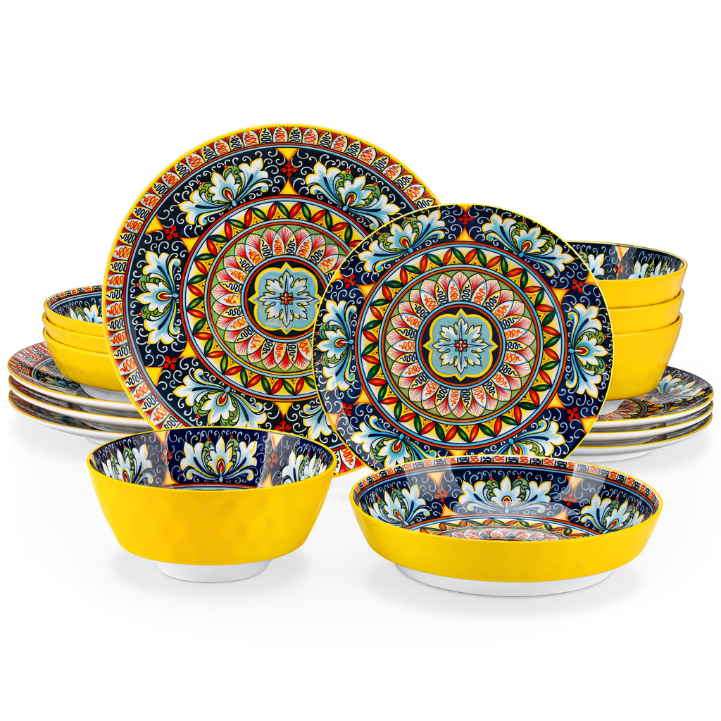 Bohemian Ceramic Dinnerware Set 16 or 24 Piece Stoneware Plates Bowls Tableware Colorful Floral Service for 4 or 6