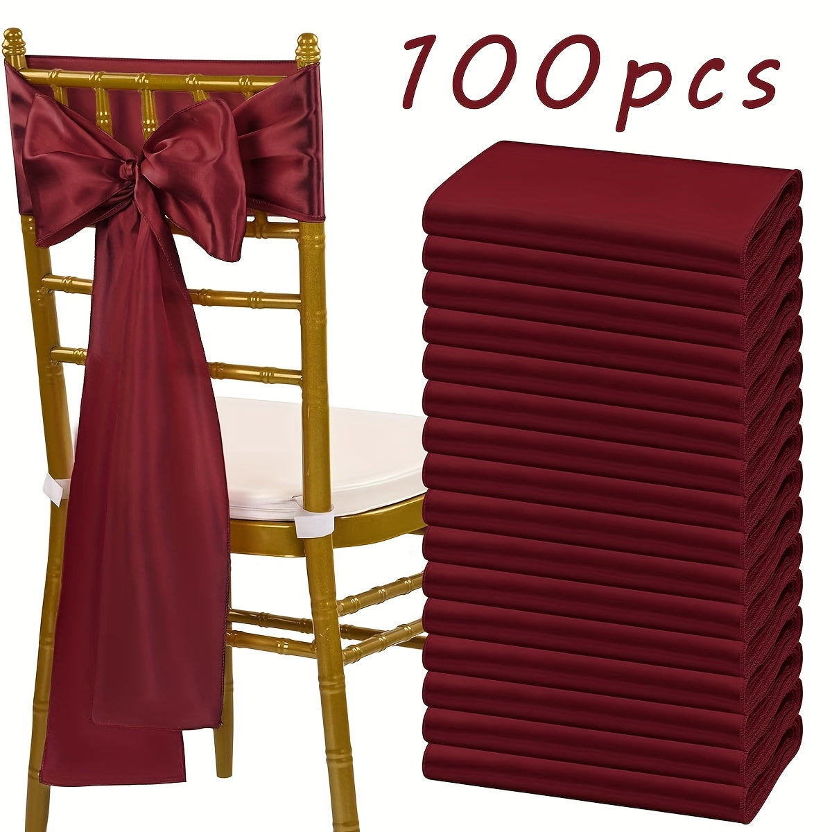 Satin Chair Bow Ribbons 100-Pack – 7×108 Inch Universal Streamer for Wedding Reception Banquet Party Hotel Christmas Decor, 15 Colors