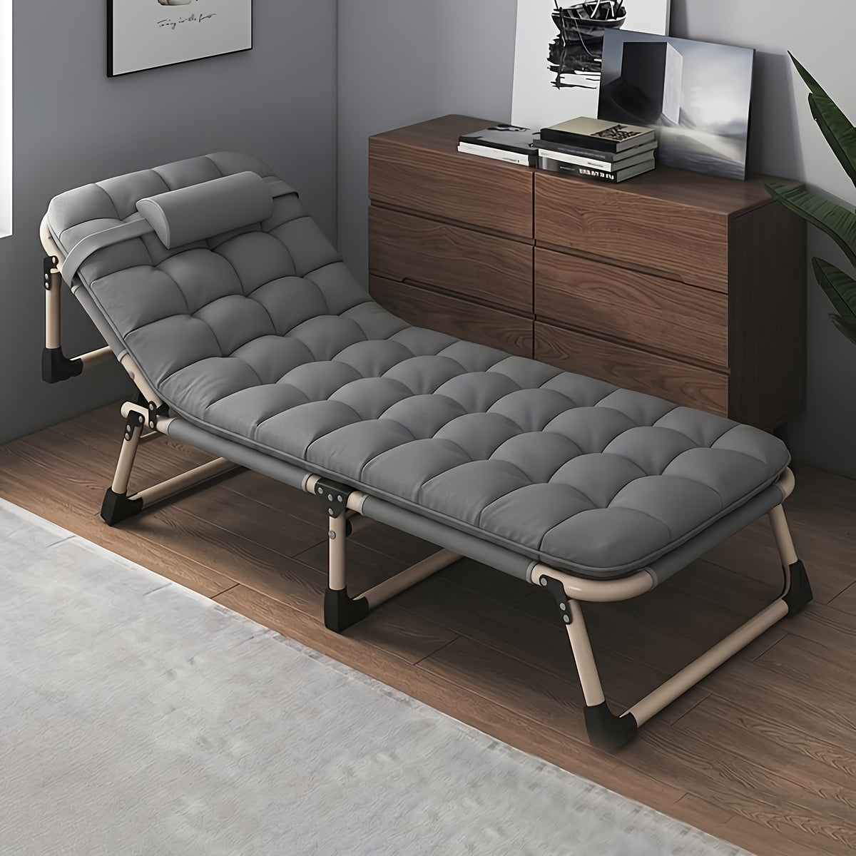 Foldable Bed Frame with Mattress | Stainless Steel Frame, Adjustable Headboard, No Assembly Required – Guest Room & Small Space Folding Bed, Retro Modern Style